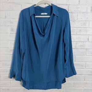 Vince Silk Cowl Neck Blouse Womens L Blue Long Sleeve Minimalist